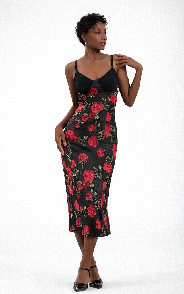 ვარდის ელეგანტურობის აბრეშუმის კაბა