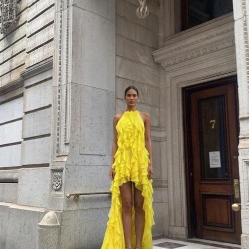 Yellow Ruffle Evening Dress